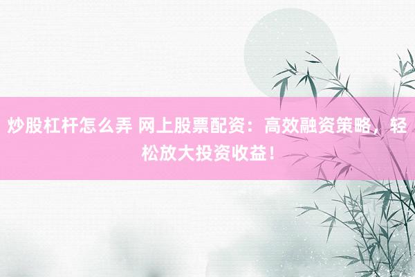 炒股杠杆怎么弄 网上股票配资：高效融资策略，轻松放大投资收益！